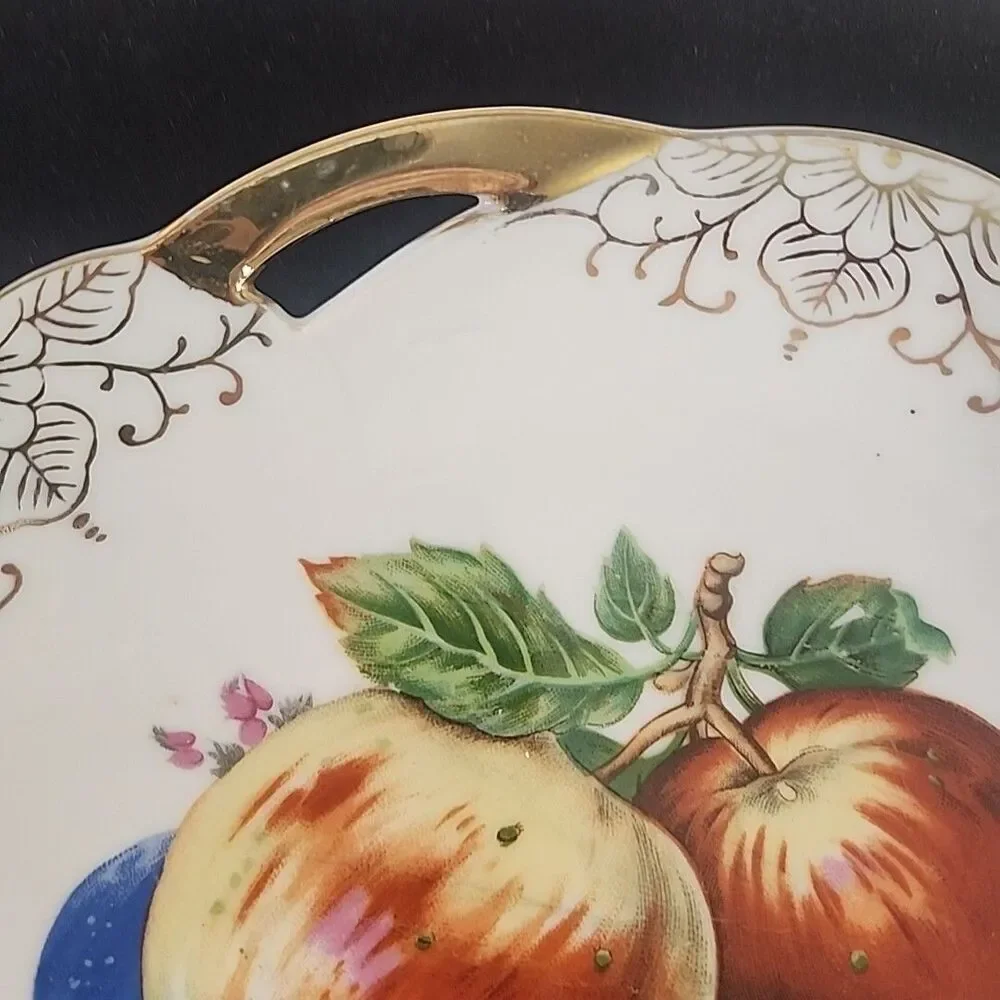 Dish Fruit Painted Design Shallow Bowl Cut Out Gold Banding 7.5